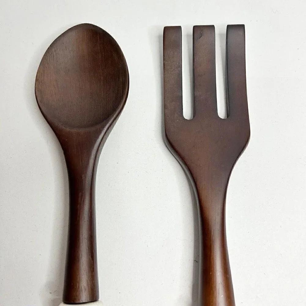 Wooden Salad Serving Fork Spoon Set w/ Porcelain Floral/Bird Handles 13